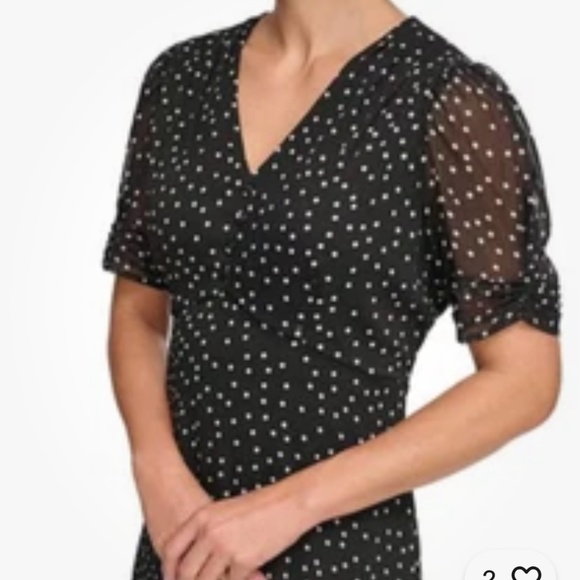 DKNY Womens Short Sleeve V-Neck Empire Waist Midi Black White Polka Dot - Picture 5 of 17